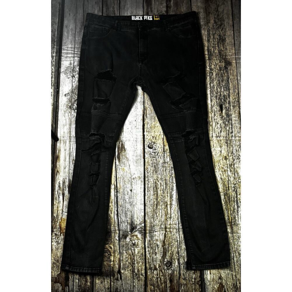 Black Pike Men’s Distressed Moto Jeans Black Size 42x34 Slim Fit Streetwear